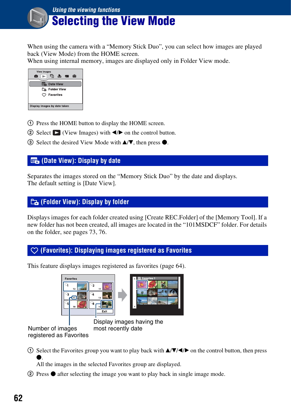 Using the viewing functions, Selecting the view mode, Date view: display by date | Folder view: display by folder, Date view): display by date, Folder view): display by folder | Sony Cyber-shot 3-294-896-12(1) User Manual | Page 62 / 138