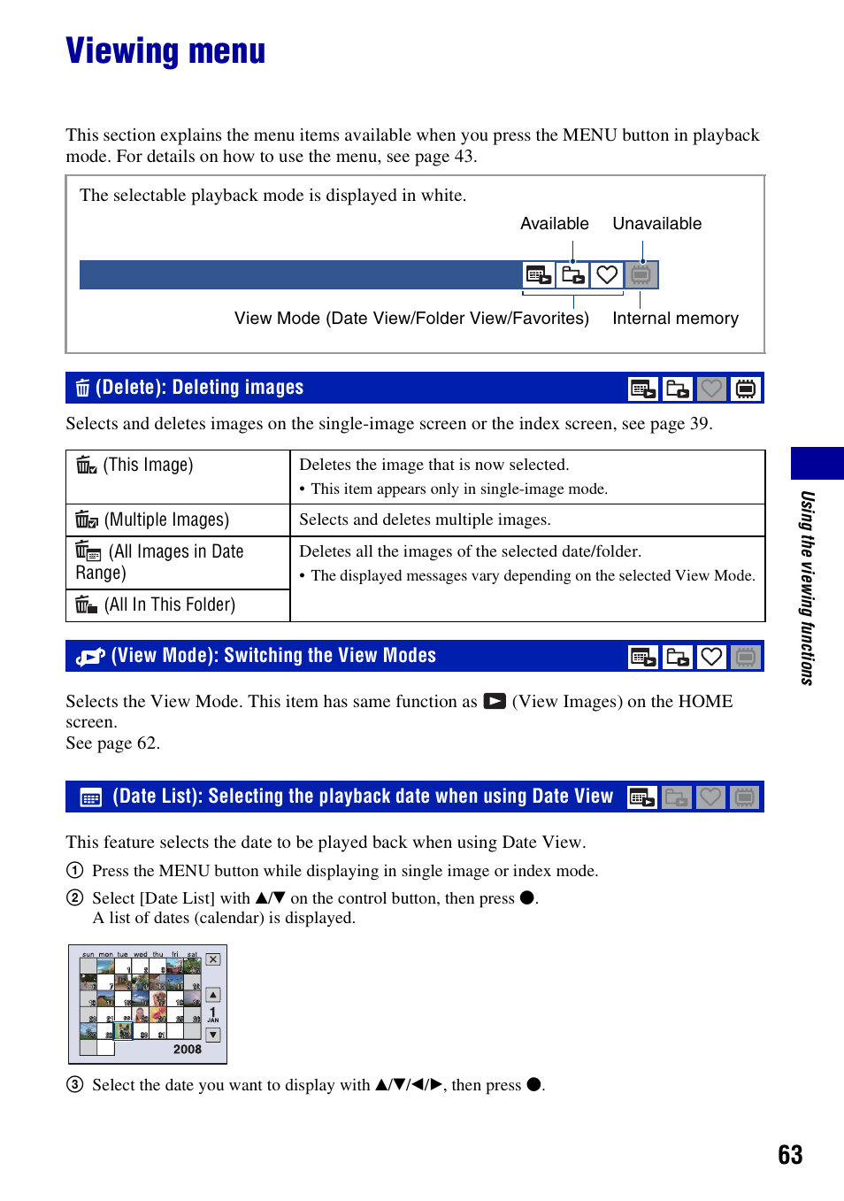 Viewing menu, Delete: deleting images, View mode: switching the view modes | Delete): deleting images | Sony Cyber-shot 3-294-896-12(1) User Manual | Page 63 / 138