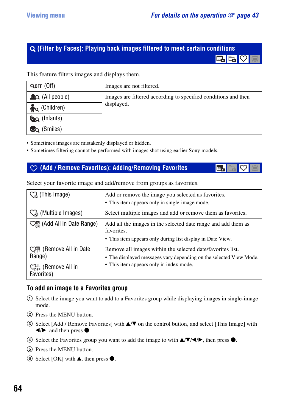 Add / remove favorites: adding/removing favorites, Add / remove favorites): adding/removing favorites, S (64) | Sony Cyber-shot 3-294-896-12(1) User Manual | Page 64 / 138