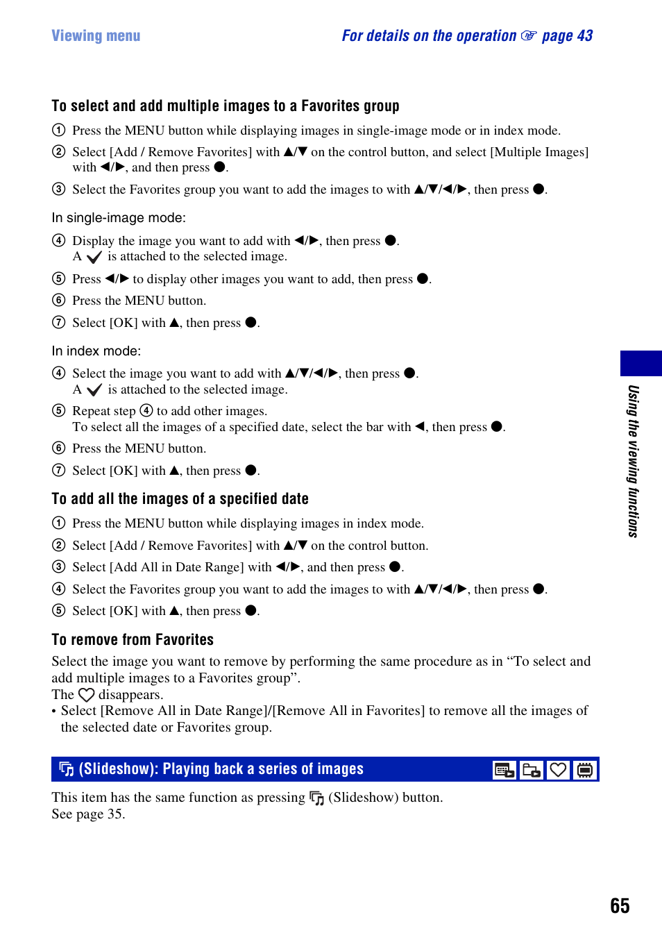 Slideshow: playing back a series of images, Slideshow): playing back a series of images | Sony Cyber-shot 3-294-896-12(1) User Manual | Page 65 / 138