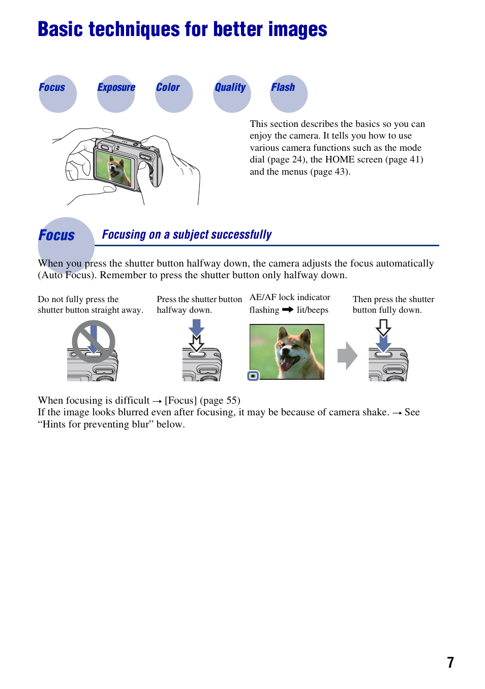 Basic techniques for better images, Focus, Focus – focusing on a subject successfully | Sony Cyber-shot 3-294-896-12(1) User Manual | Page 7 / 138