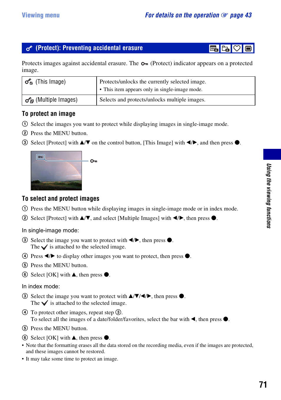 Protect: preventing accidental erasure, Protect): preventing accidental erasure | Sony Cyber-shot 3-294-896-12(1) User Manual | Page 71 / 138