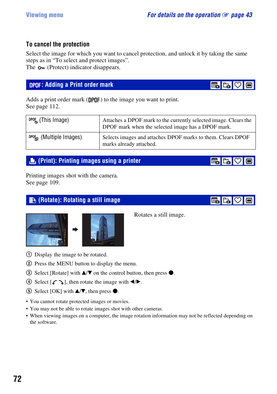 Dpof: adding a print order mark, Print: printing images using a printer, Rotate: rotating a still image | Adding a print order mark | Sony Cyber-shot 3-294-896-12(1) User Manual | Page 72 / 138