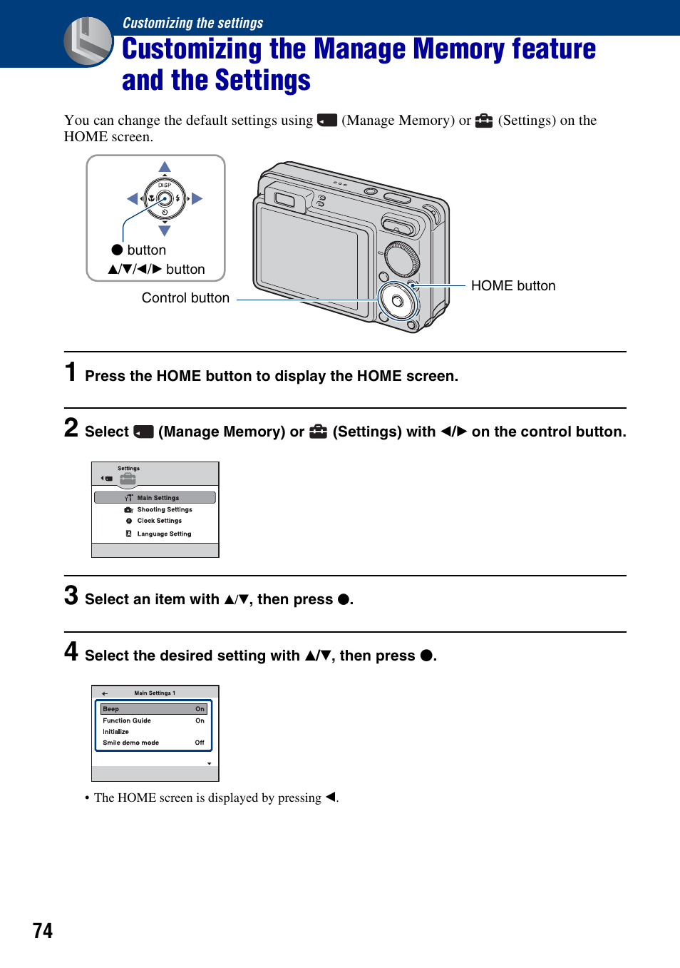 Customizing the settings | Sony Cyber-shot 3-294-896-12(1) User Manual | Page 74 / 138