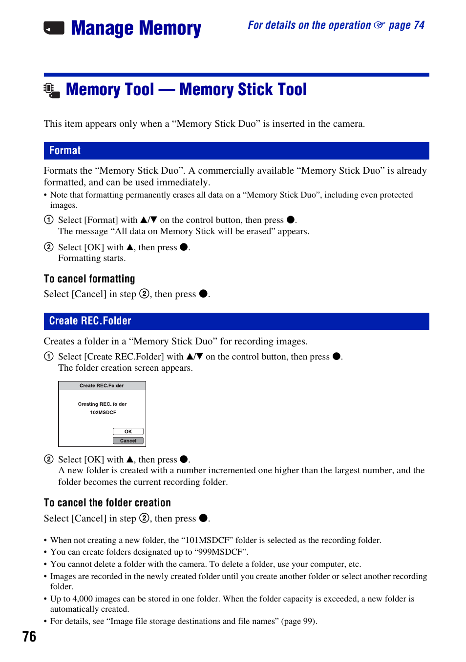 Manage memory, Memory tool - memory stick tool, Format | Create rec.folder, Memory tool — memory stick tool, Format create rec.folder | Sony Cyber-shot 3-294-896-12(1) User Manual | Page 76 / 138