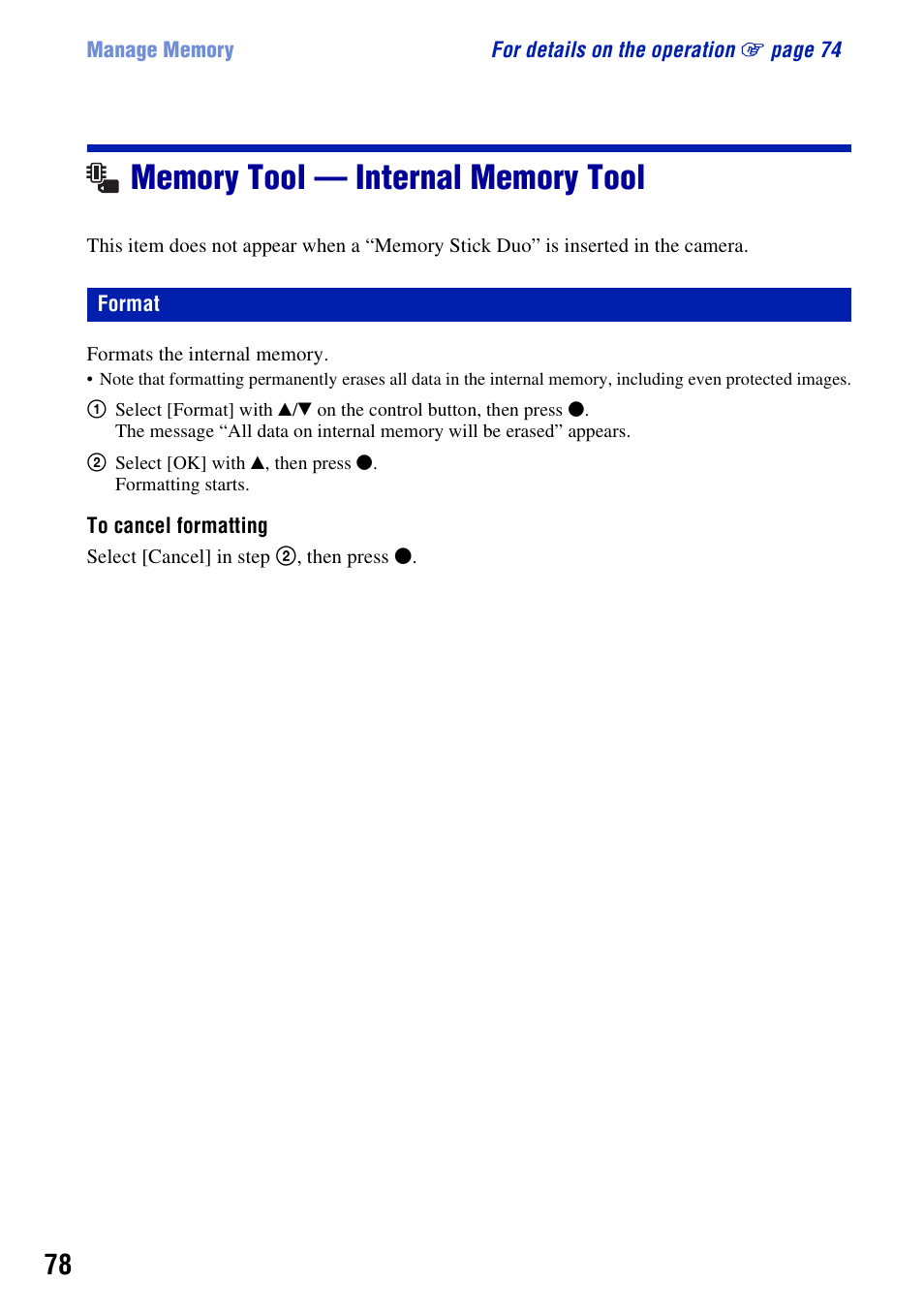 Memory tool - internal memory tool, Format, Memory tool — internal memory tool | Sony Cyber-shot 3-294-896-12(1) User Manual | Page 78 / 138