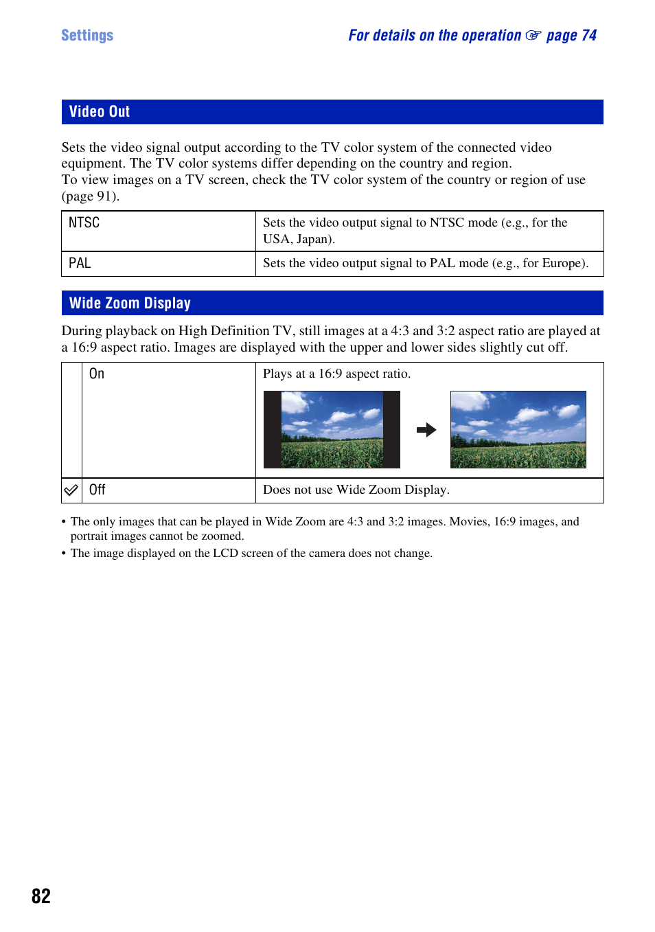 Video out, Wide zoom display, Video out wide zoom display | Sony Cyber-shot 3-294-896-12(1) User Manual | Page 82 / 138