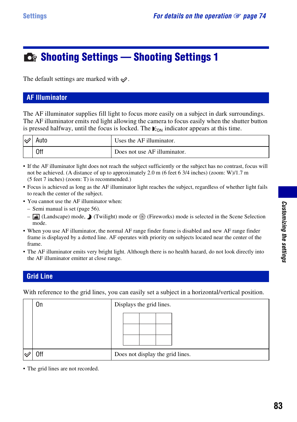 Shooting settings - shooting settings 1, Af illuminator, Grid line | Shooting settings — shooting settings 1, Af illuminator grid line | Sony Cyber-shot 3-294-896-12(1) User Manual | Page 83 / 138