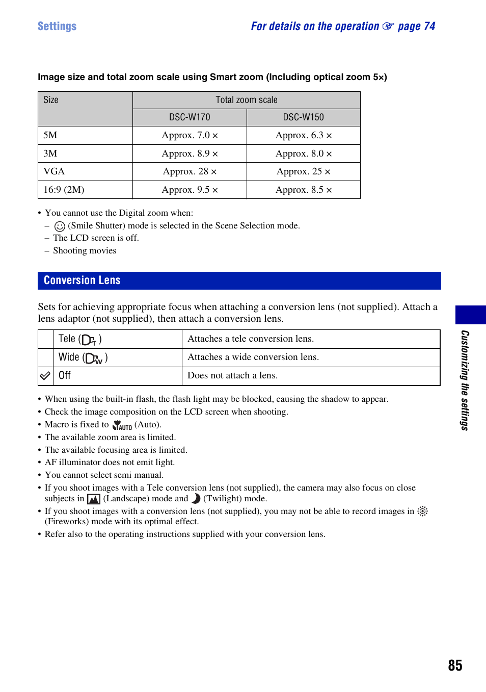 Conversion lens | Sony Cyber-shot 3-294-896-12(1) User Manual | Page 85 / 138