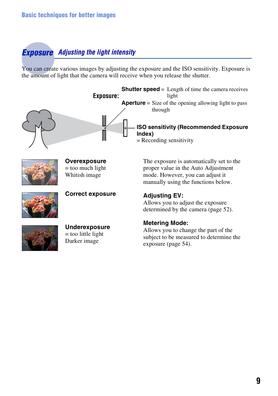 Exposure, Exposure – adjusting the light intensity | Sony Cyber-shot 3-294-896-12(1) User Manual | Page 9 / 138