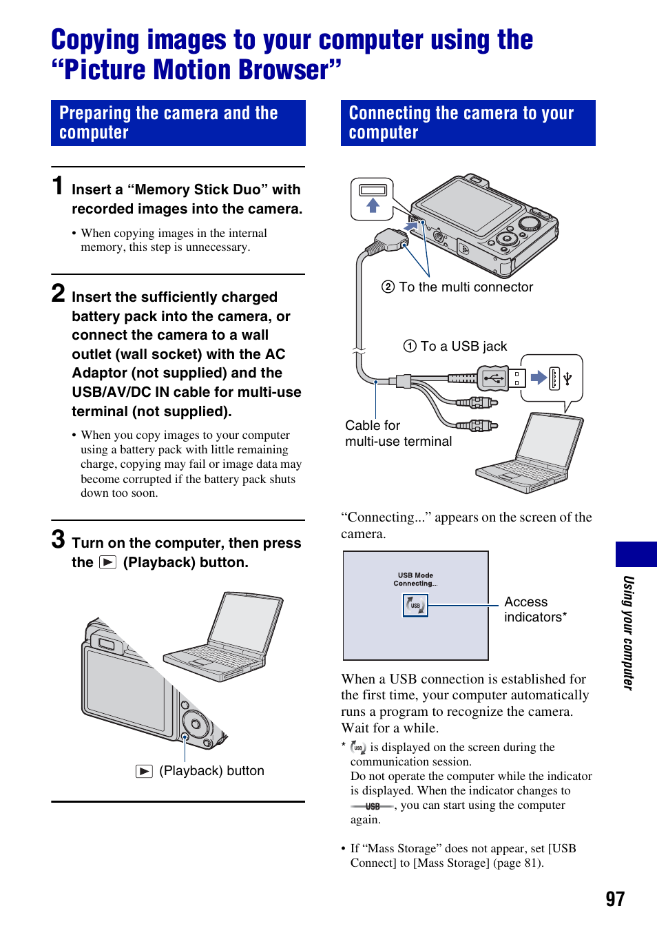 97 a, Preparing the camera and the computer, Connecting the camera to your computer | Sony Cyber-shot 3-294-896-12(1) User Manual | Page 97 / 138