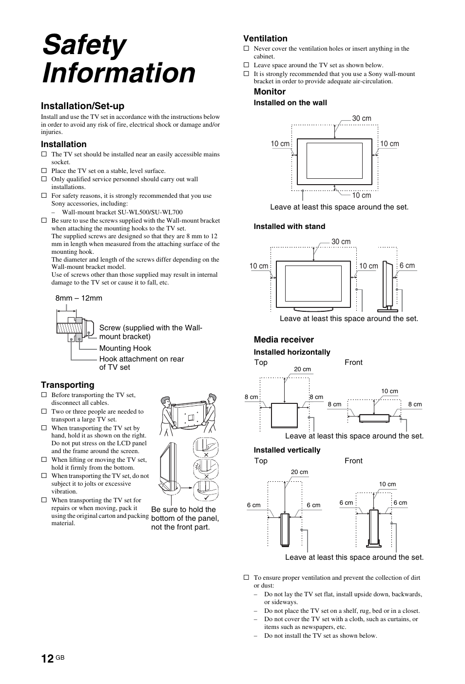 Safety information, Installation/set-up | Sony BRAVIA 4-115-568-13(1) User Manual | Page 12 / 51