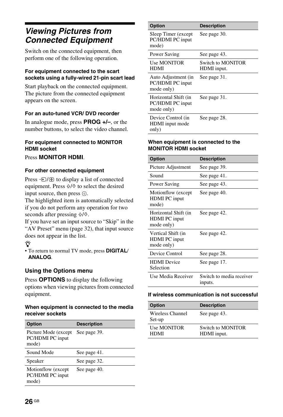 Viewing pictures from connected equipment | Sony BRAVIA 4-115-568-13(1) User Manual | Page 26 / 51