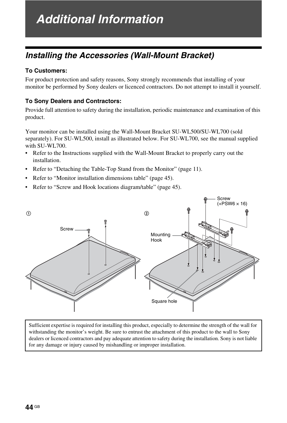 Additional information, Installing the accessories (wall-mount bracket) | Sony BRAVIA 4-115-568-13(1) User Manual | Page 44 / 51