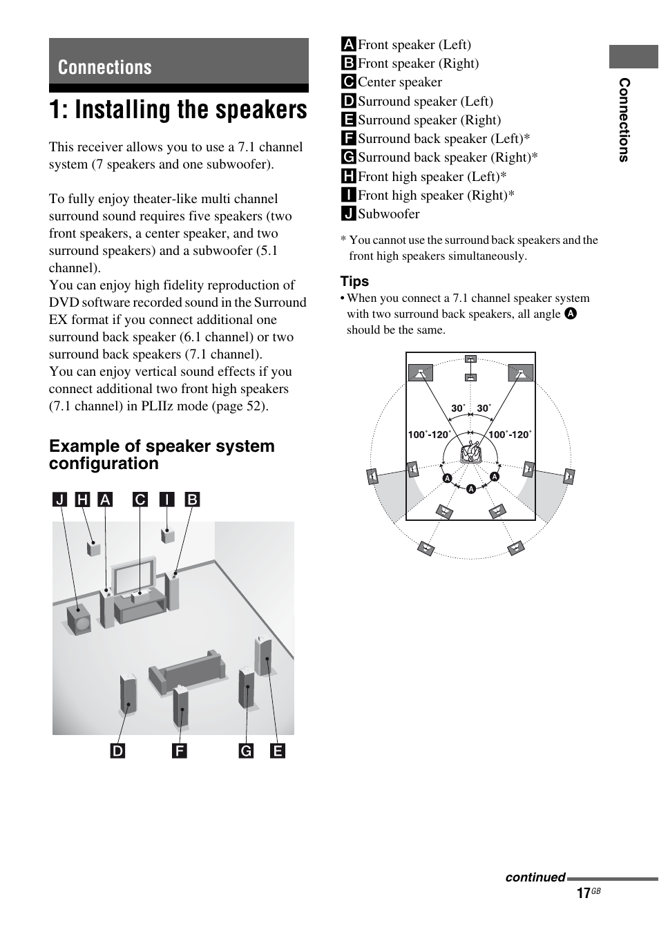 Connections, Installing the speakers, Example of speaker system configuration | Sony STR-DH810 User Manual | Page 17 / 104