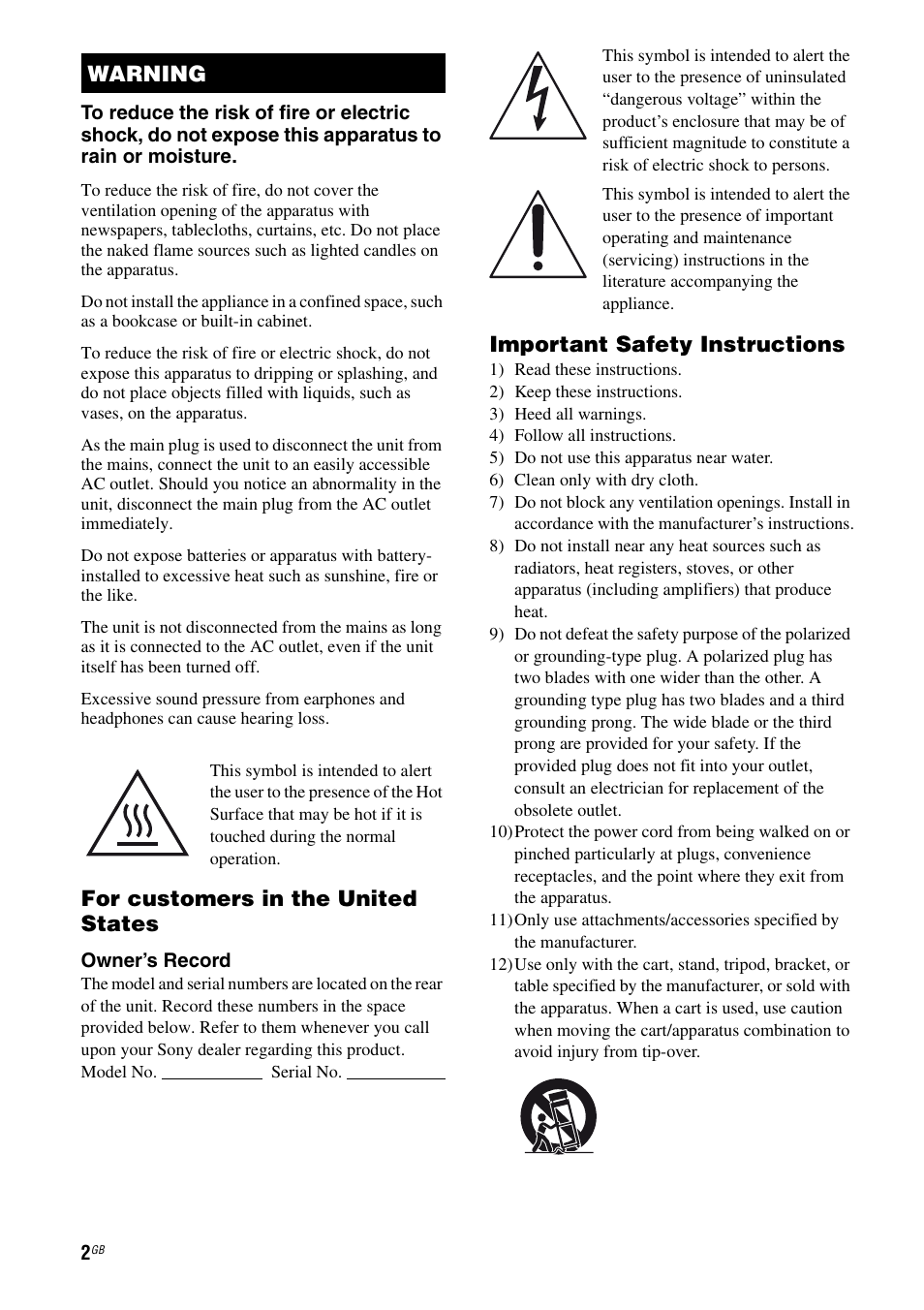 For customers in the united states, Important safety instructions, Warning | Sony STR-DH810 User Manual | Page 2 / 104
