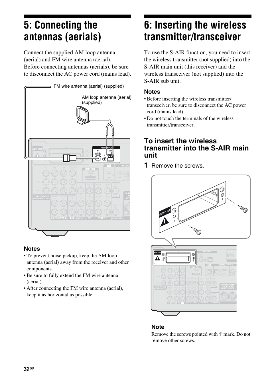 Connecting the antennas (aerials), Inserting the wireless transmitter/transceiver, Transceiver | Sony STR-DH810 User Manual | Page 32 / 104