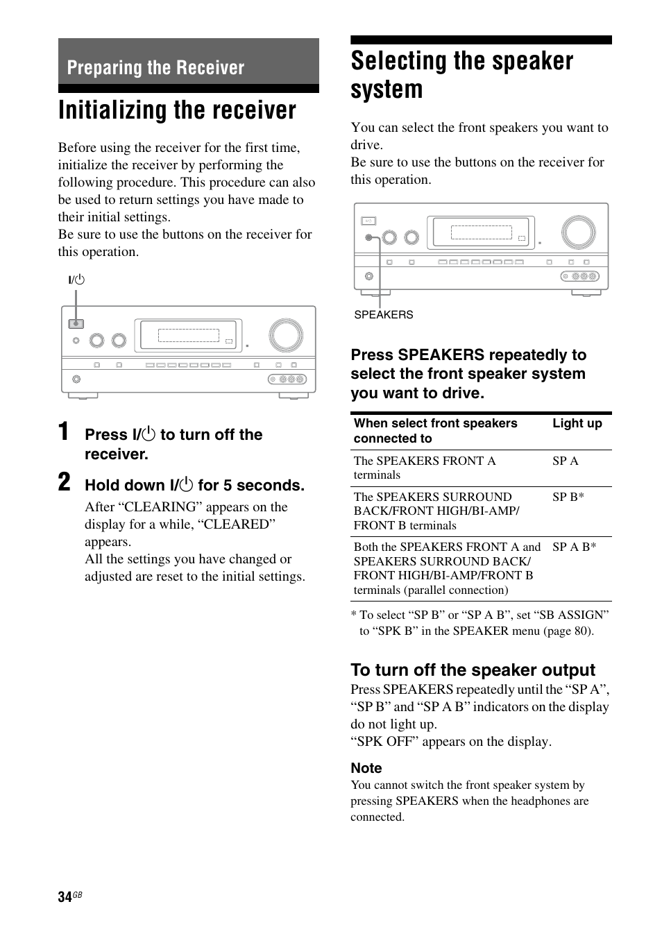 Preparing the receiver, Initializing the receiver, Selecting the speaker system | E 34, 48 | Sony STR-DH810 User Manual | Page 34 / 104