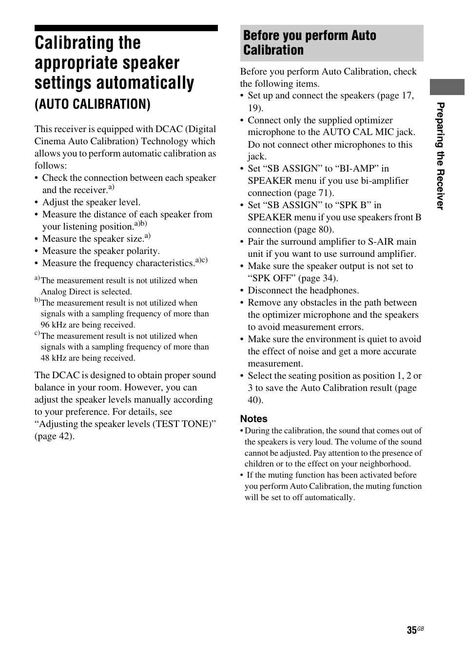 Calibrating the appropriate speaker settings, Automatically, Auto calibration) | Before you perform auto calibration | Sony STR-DH810 User Manual | Page 35 / 104