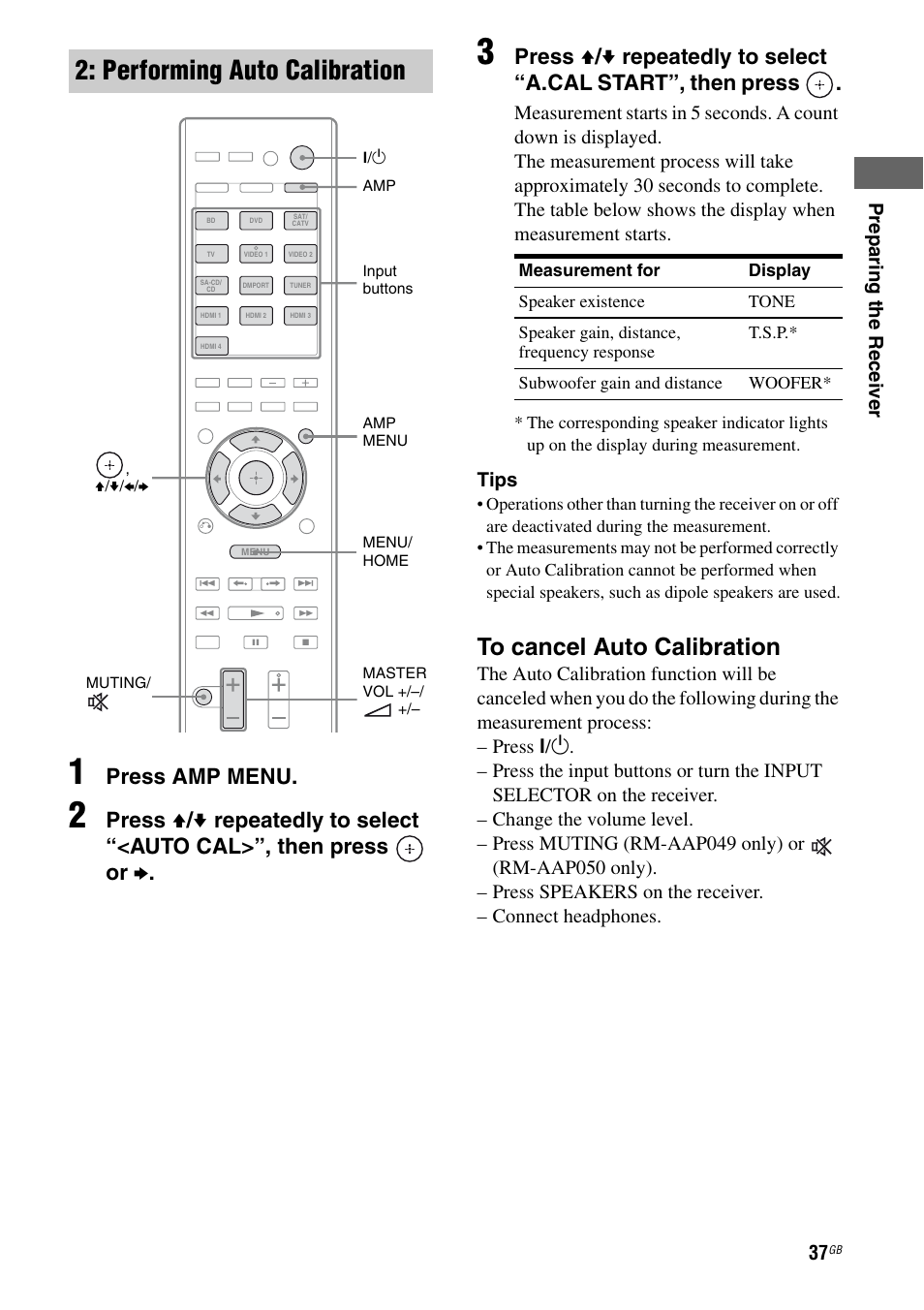 Performing auto calibration, Press amp menu, Pre p ar ing the r eceive r | Tips | Sony STR-DH810 User Manual | Page 37 / 104