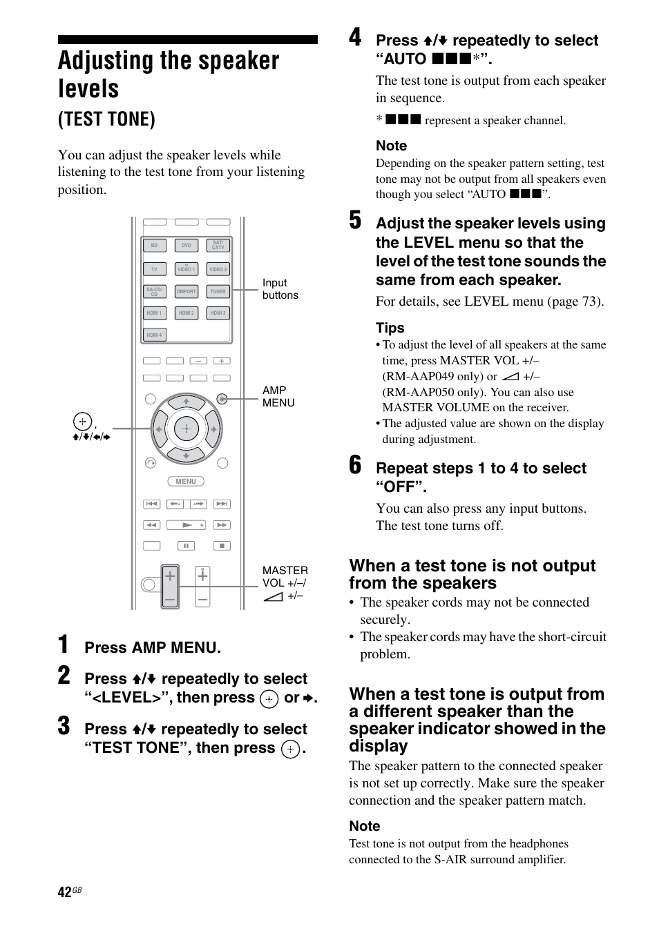 Adjusting the speaker levels (test tone), Adjusting the speaker levels, Test tone) | When a test tone is not output from the speakers, Press amp menu, Press v / v repeatedly to select “auto xxx, Repeat steps 1 to 4 to select “off | Sony STR-DH810 User Manual | Page 42 / 104