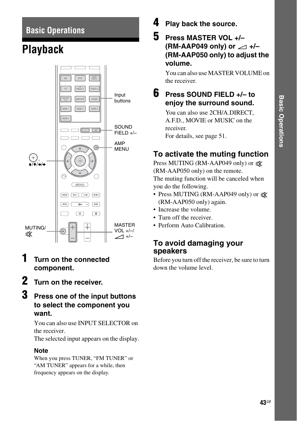 Basic operations, Playback, Playback 1 | Turn on the connected component, Turn on the receiver, Play back the source, Press sound field +/– to enjoy the surround sound | Sony STR-DH810 User Manual | Page 43 / 104
