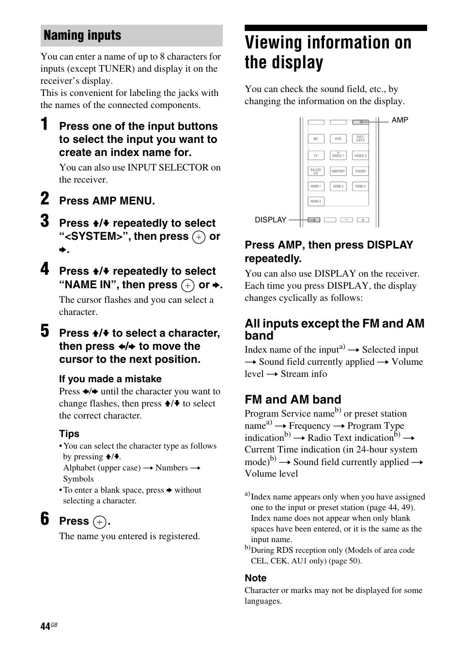 Viewing information on the display, Naming inputs, All inputs except the fm and am band | Fm and am band | Sony STR-DH810 User Manual | Page 44 / 104