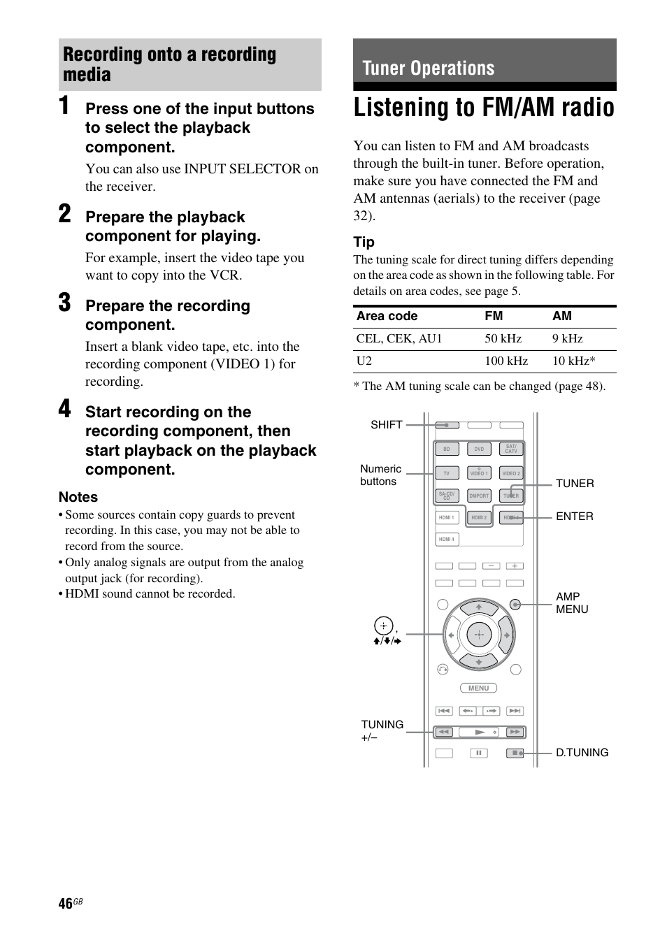 Tuner operations, Listening to fm/am radio, Recording onto a recording media tuner operations | Prepare the playback component for playing, Prepare the recording component, You can also use input selector on the receiver | Sony STR-DH810 User Manual | Page 46 / 104