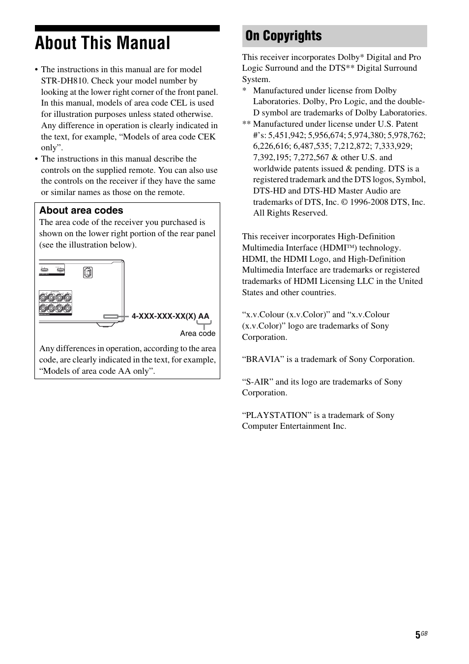 About this manual, On copyrights, About area codes | Sony STR-DH810 User Manual | Page 5 / 104