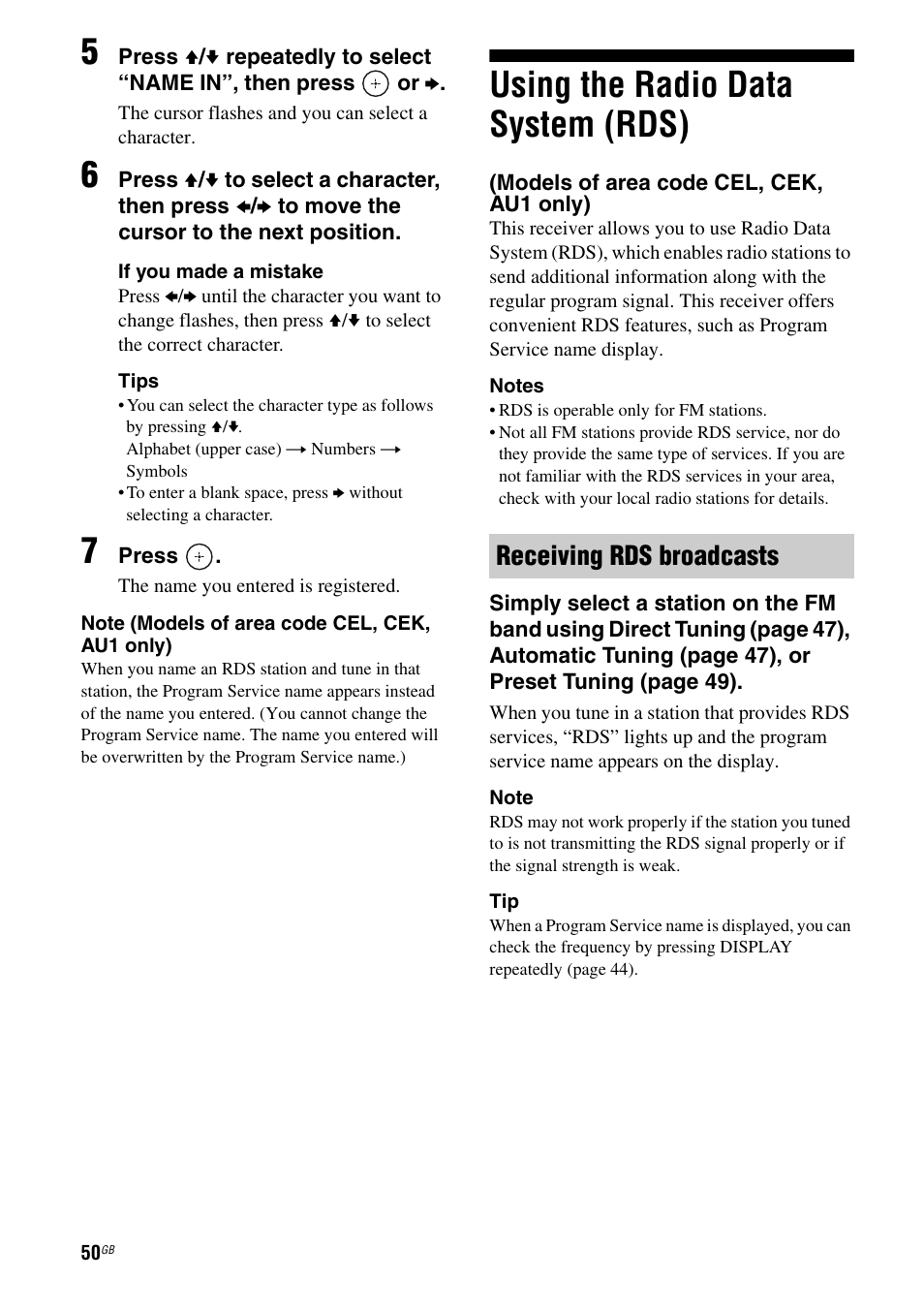 Using the radio data system (rds), Models of area code cel, cek, au1 only), Receiving rds broadcasts | Sony STR-DH810 User Manual | Page 50 / 104