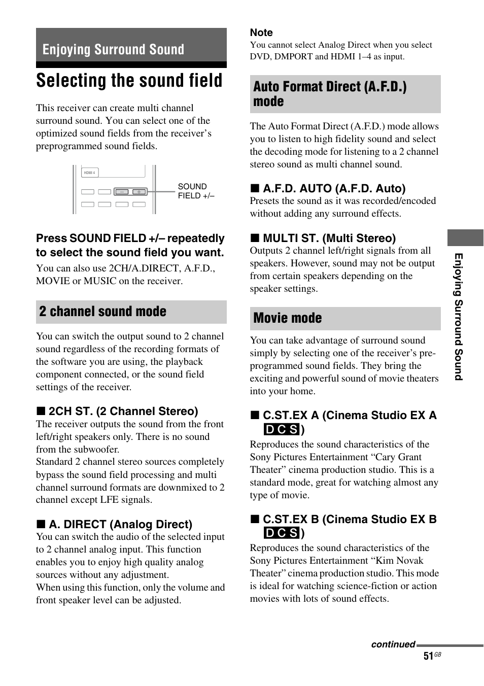 Enjoying surround sound, Selecting the sound field, Enjoying surround sound 2 channel sound mode | Auto format direct (a.f.d.) mode movie mode | Sony STR-DH810 User Manual | Page 51 / 104