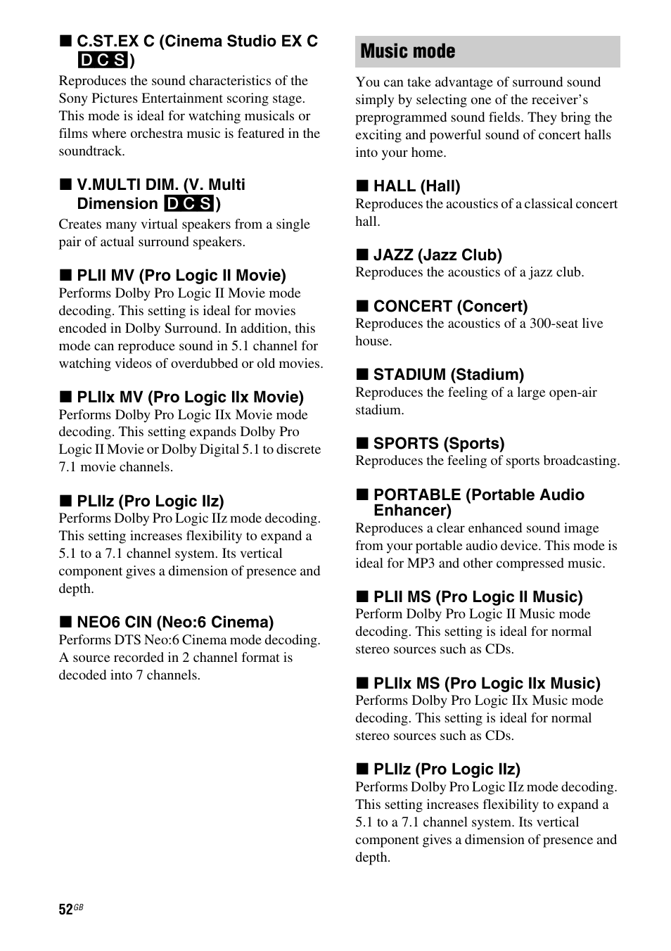 Music mode | Sony STR-DH810 User Manual | Page 52 / 104