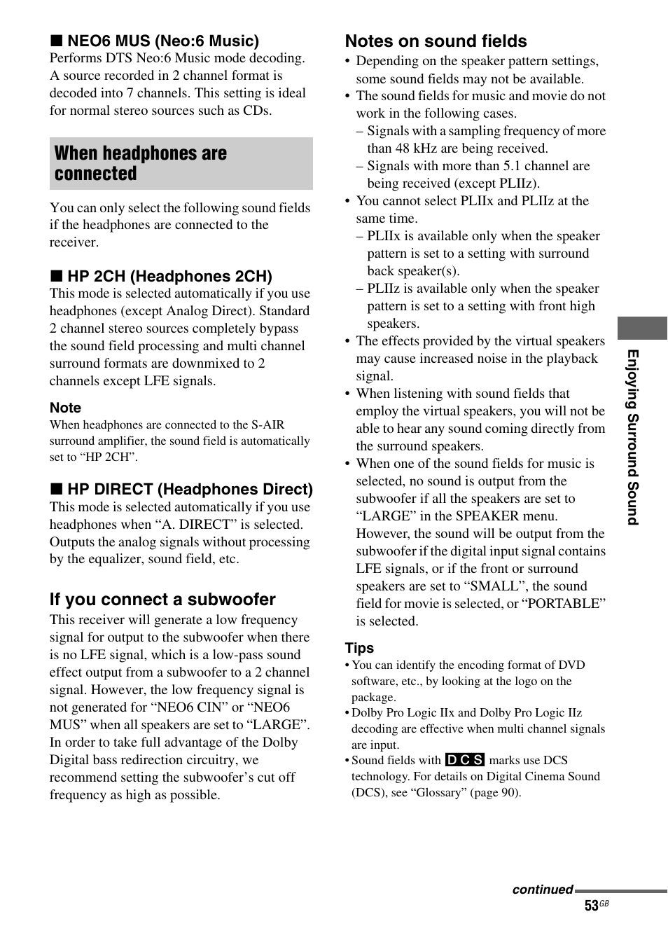 When headphones are connected, If you connect a subwoofer | Sony STR-DH810 User Manual | Page 53 / 104