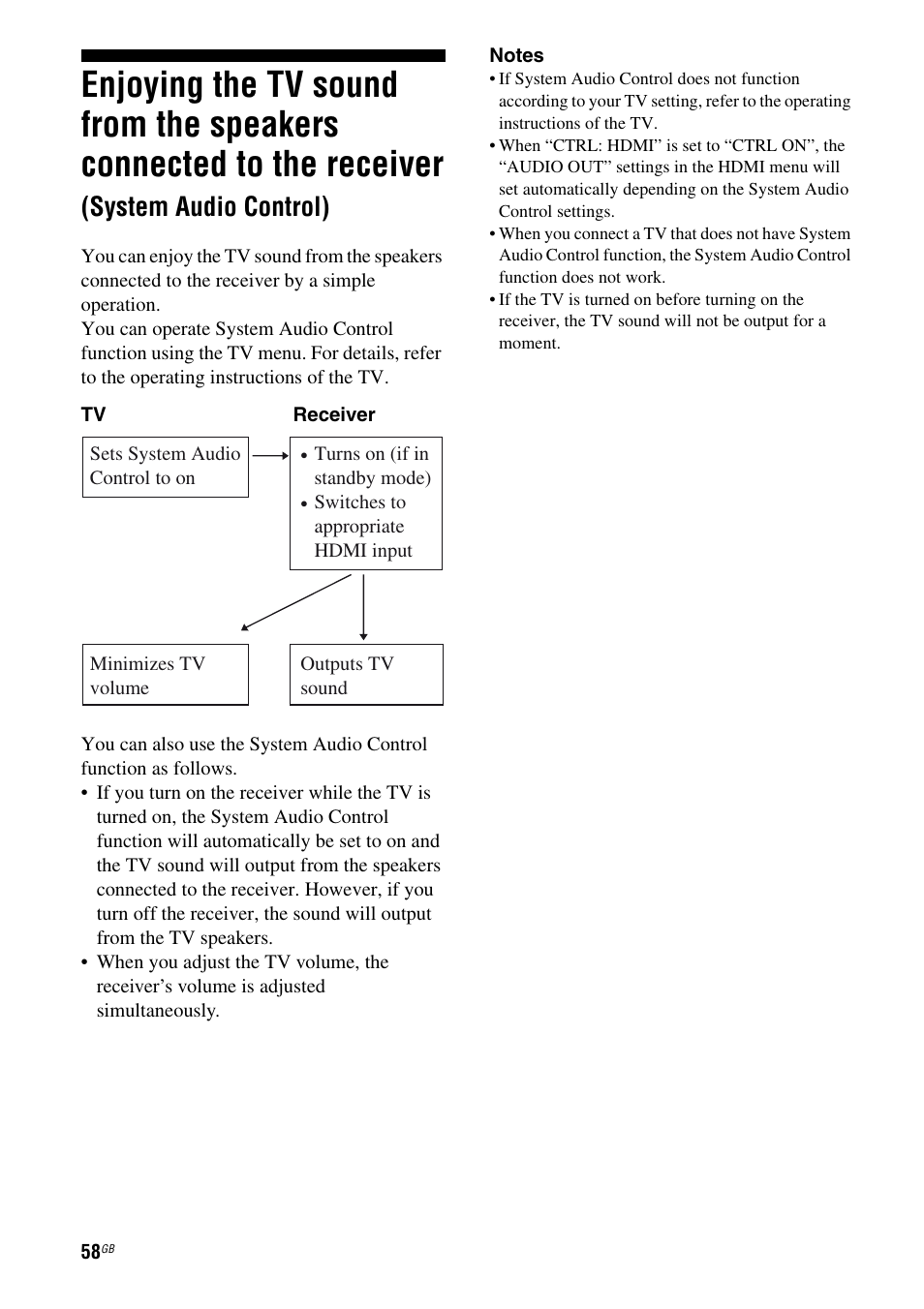 Enjoying the tv sound from the, Speakers connected to the receiver, System audio control) | Sony STR-DH810 User Manual | Page 58 / 104