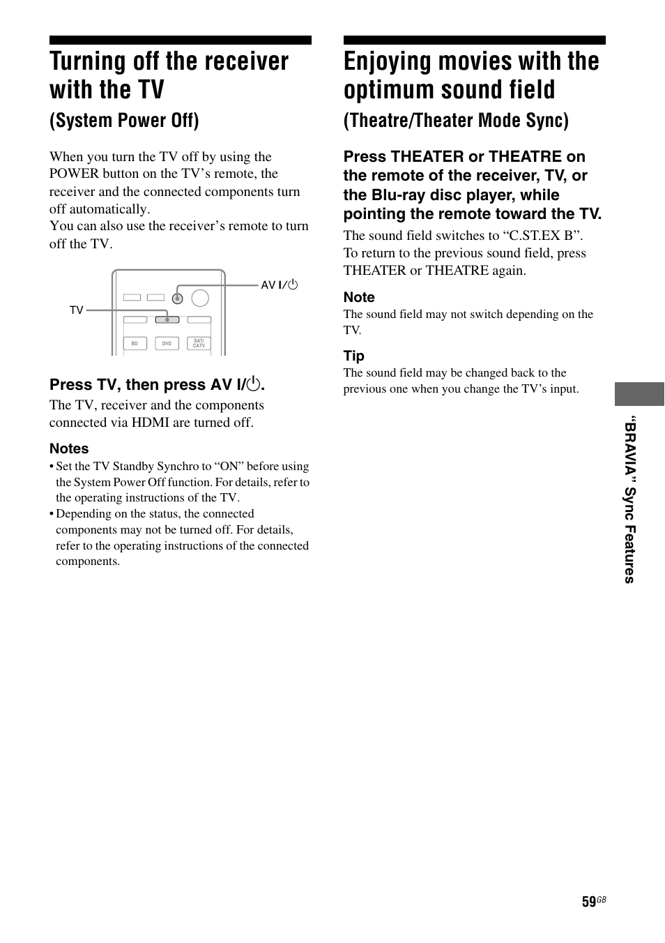 Turning off the receiver with the tv, System power off), Enjoying movies with the optimum sound | Field (theatre/theater mode sync), Enjoying movies with the optimum sound field, Theatre/theater mode sync) | Sony STR-DH810 User Manual | Page 59 / 104