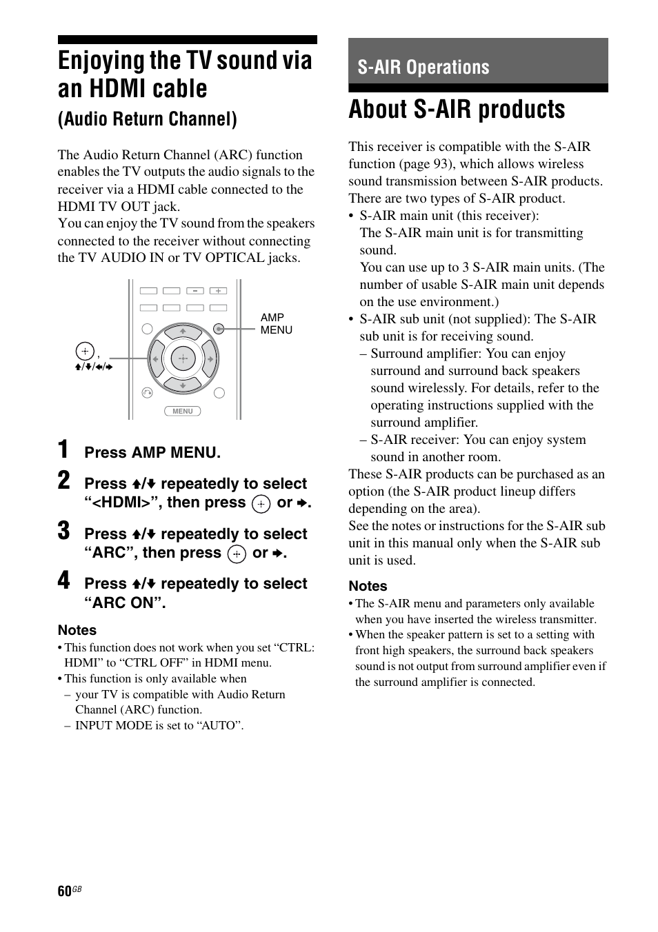 S-air operations, About s-air products, Enjoying the tv sound via an hdmi | Cable (audio return channel), Enjoying the tv sound via an hdmi cable, Audio return channel) | Sony STR-DH810 User Manual | Page 60 / 104