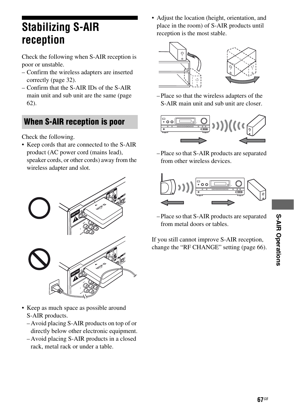 Stabilizing s-air reception, When s-air reception is poor, S-a ir oper ations | Sony STR-DH810 User Manual | Page 67 / 104