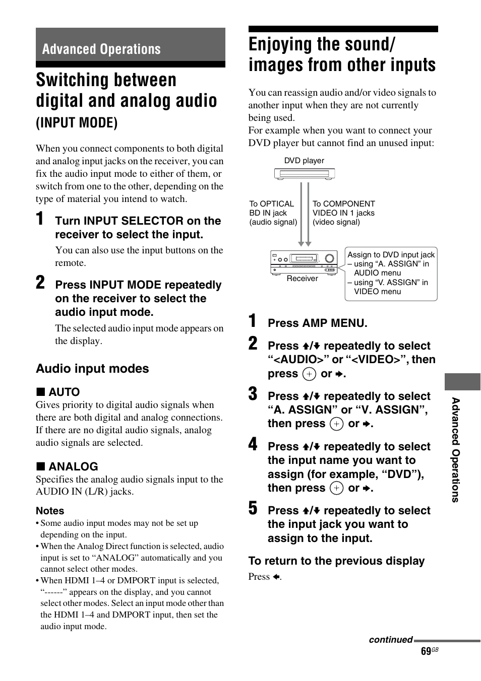 Advanced operations, Enjoying the sound/ images from other inputs, Switching between digital and analog | Audio (input mode), Enjoying the sound/images from other, Inputs, Switching between digital and analog audio, Input mode) | Sony STR-DH810 User Manual | Page 69 / 104