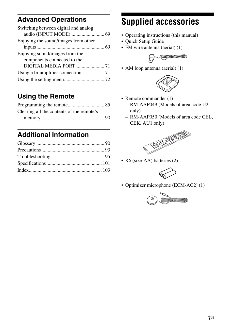 Supplied accessories, Advanced operations, Using the remote | Additional information | Sony STR-DH810 User Manual | Page 7 / 104