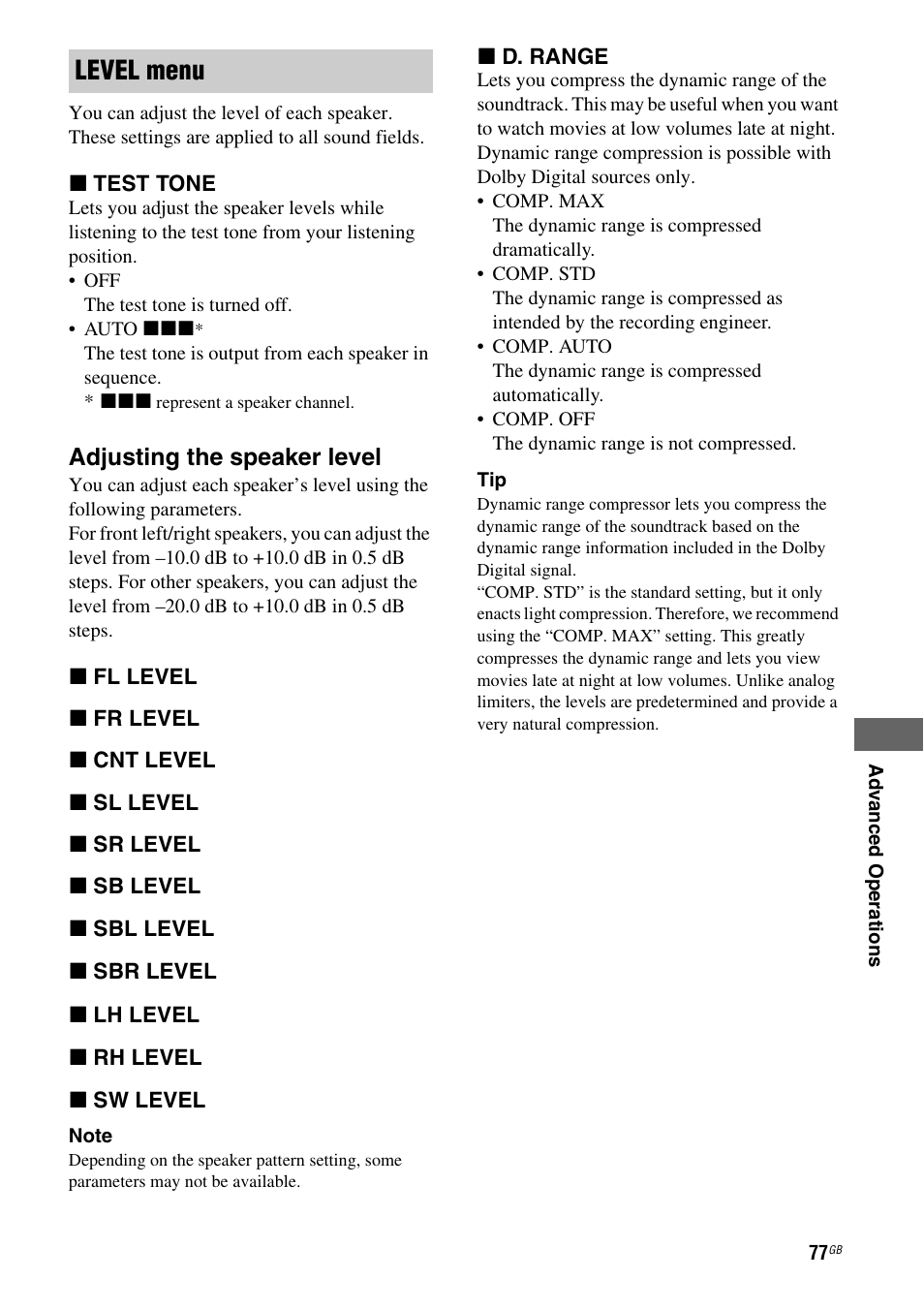 Level menu | Sony STR-DH810 User Manual | Page 77 / 104