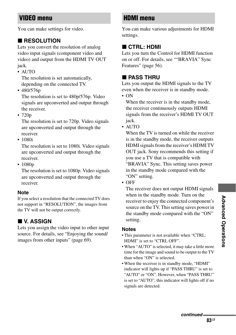 Video menu hdmi menu | Sony STR-DH810 User Manual | Page 83 / 104