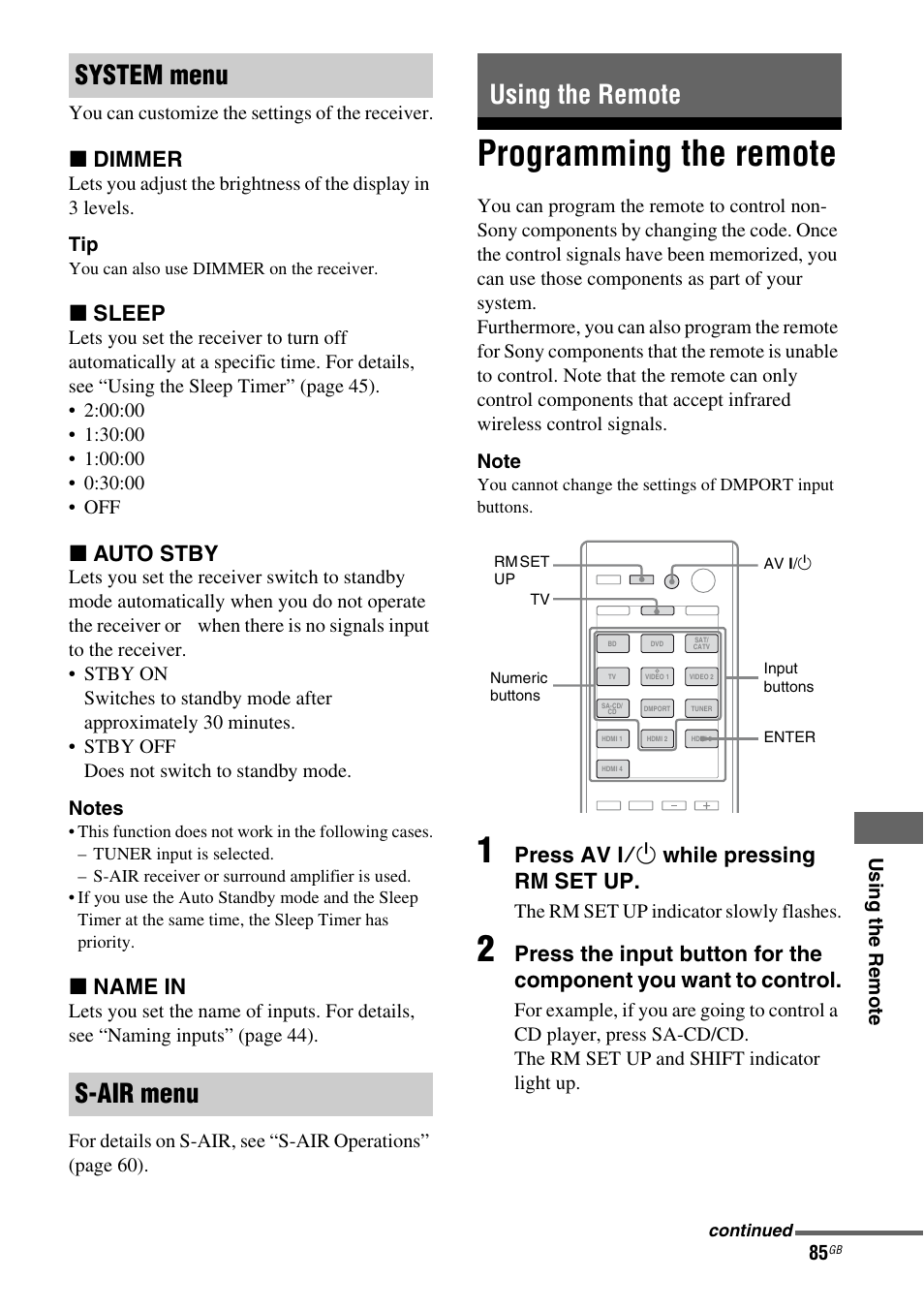 Using the remote, Programming the remote, System menu s-air menu using the remote | X dimmer, X sleep, X auto stby, X name in, Press av ?/1 while pressing rm set up | Sony STR-DH810 User Manual | Page 85 / 104