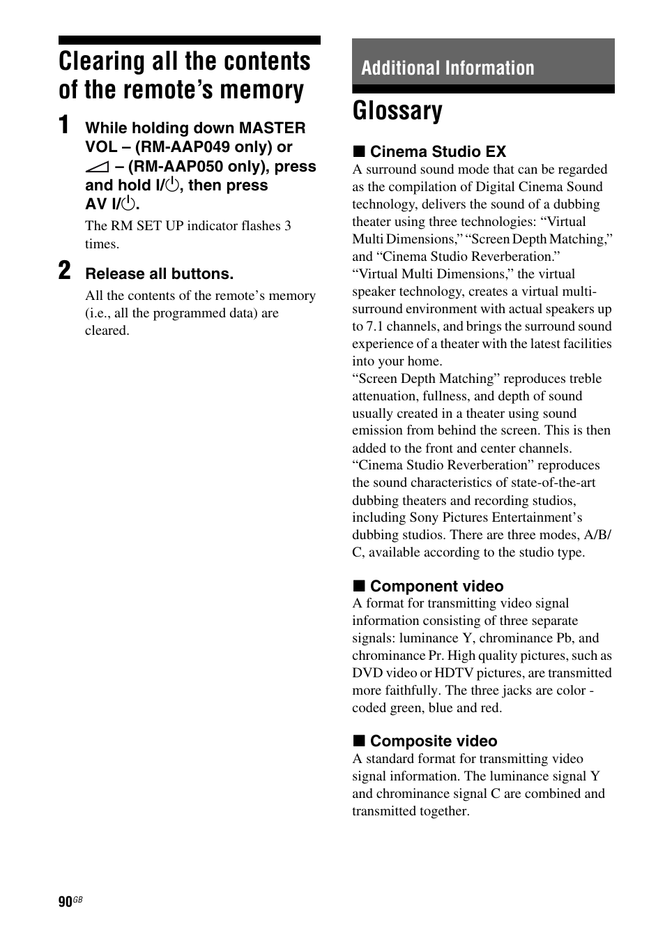 Clearing all the contents of the remote’s memory, Additional information, Glossary | Clearing all the contents of the remote’s, Memory | Sony STR-DH810 User Manual | Page 90 / 104