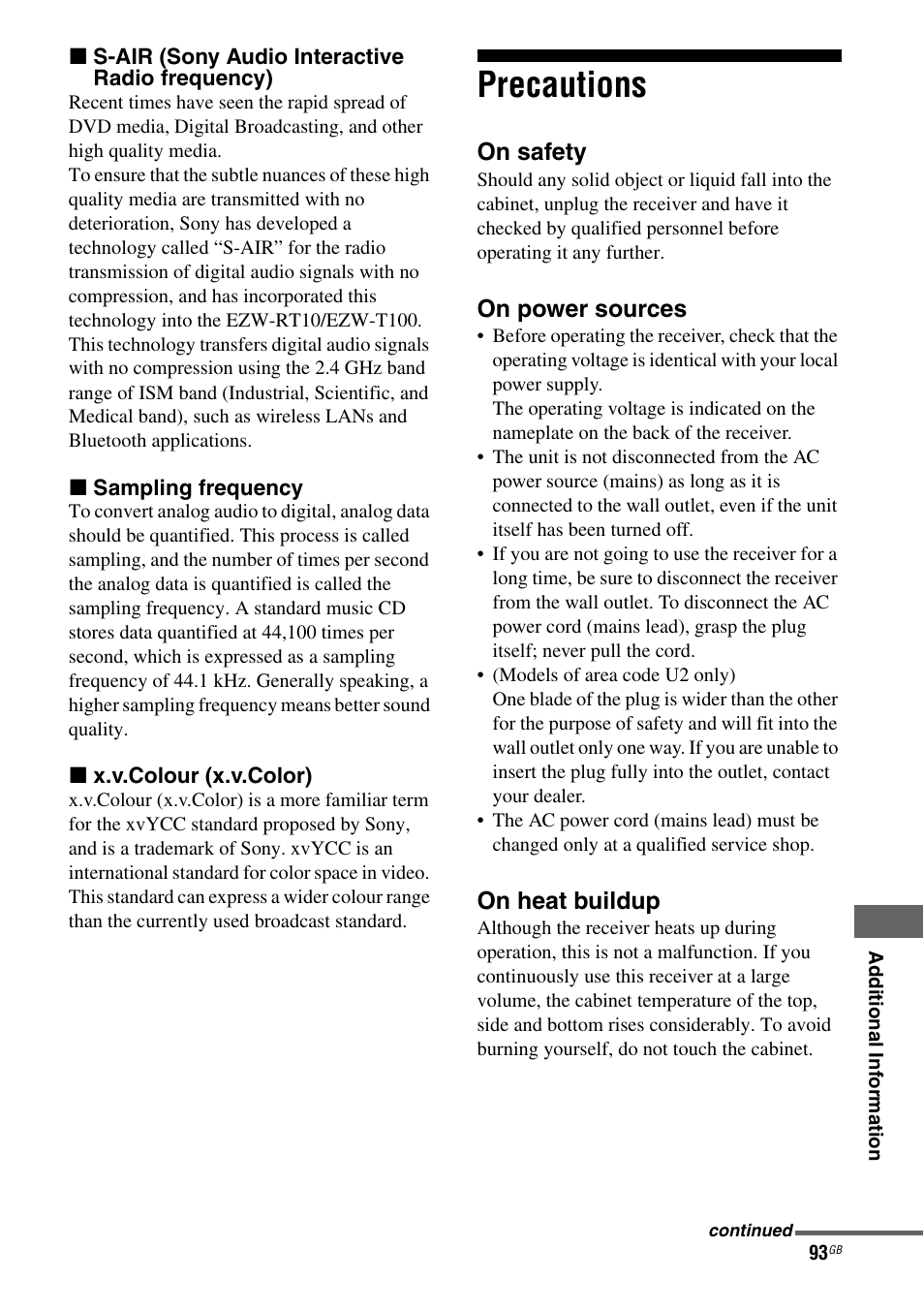 Precautions | Sony STR-DH810 User Manual | Page 93 / 104