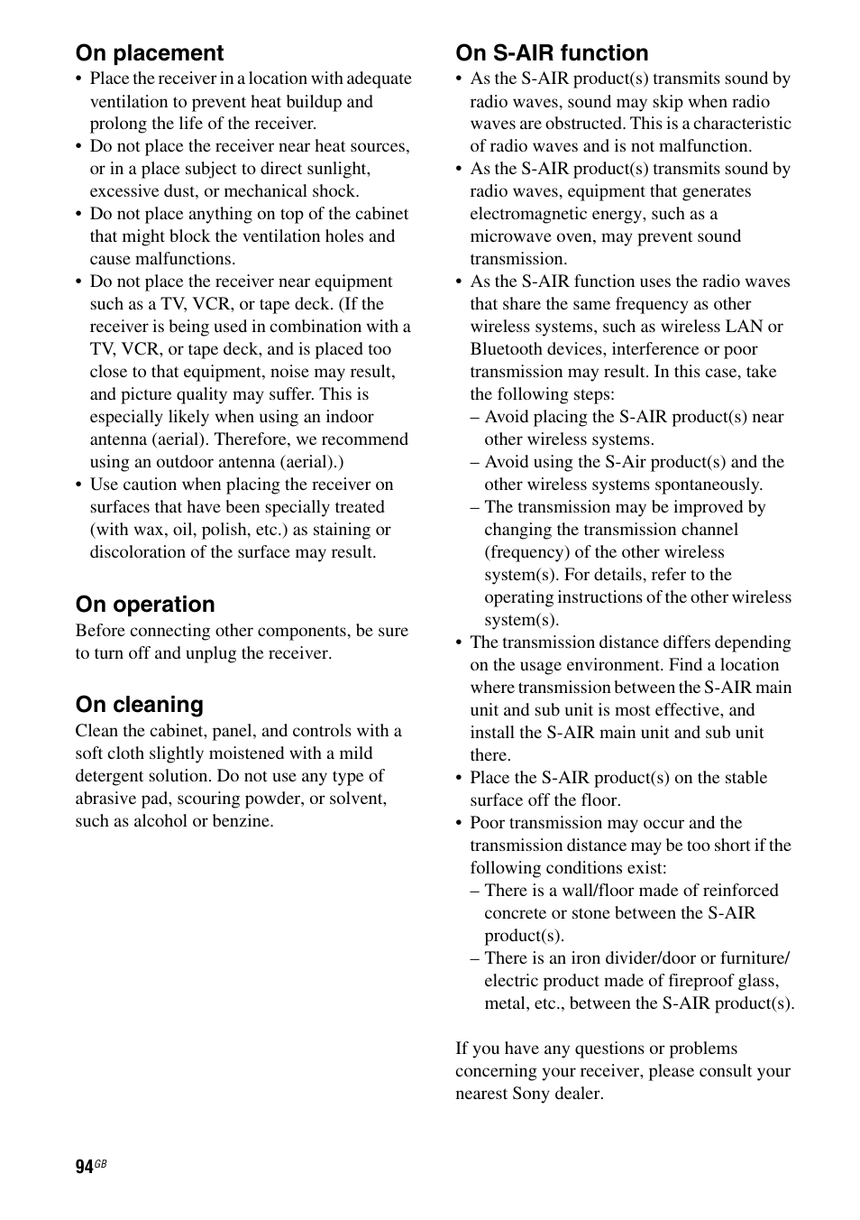 On placement, On operation, On cleaning | On s-air function | Sony STR-DH810 User Manual | Page 94 / 104