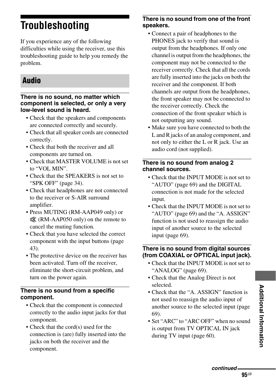 Troubleshooting, Audio | Sony STR-DH810 User Manual | Page 95 / 104