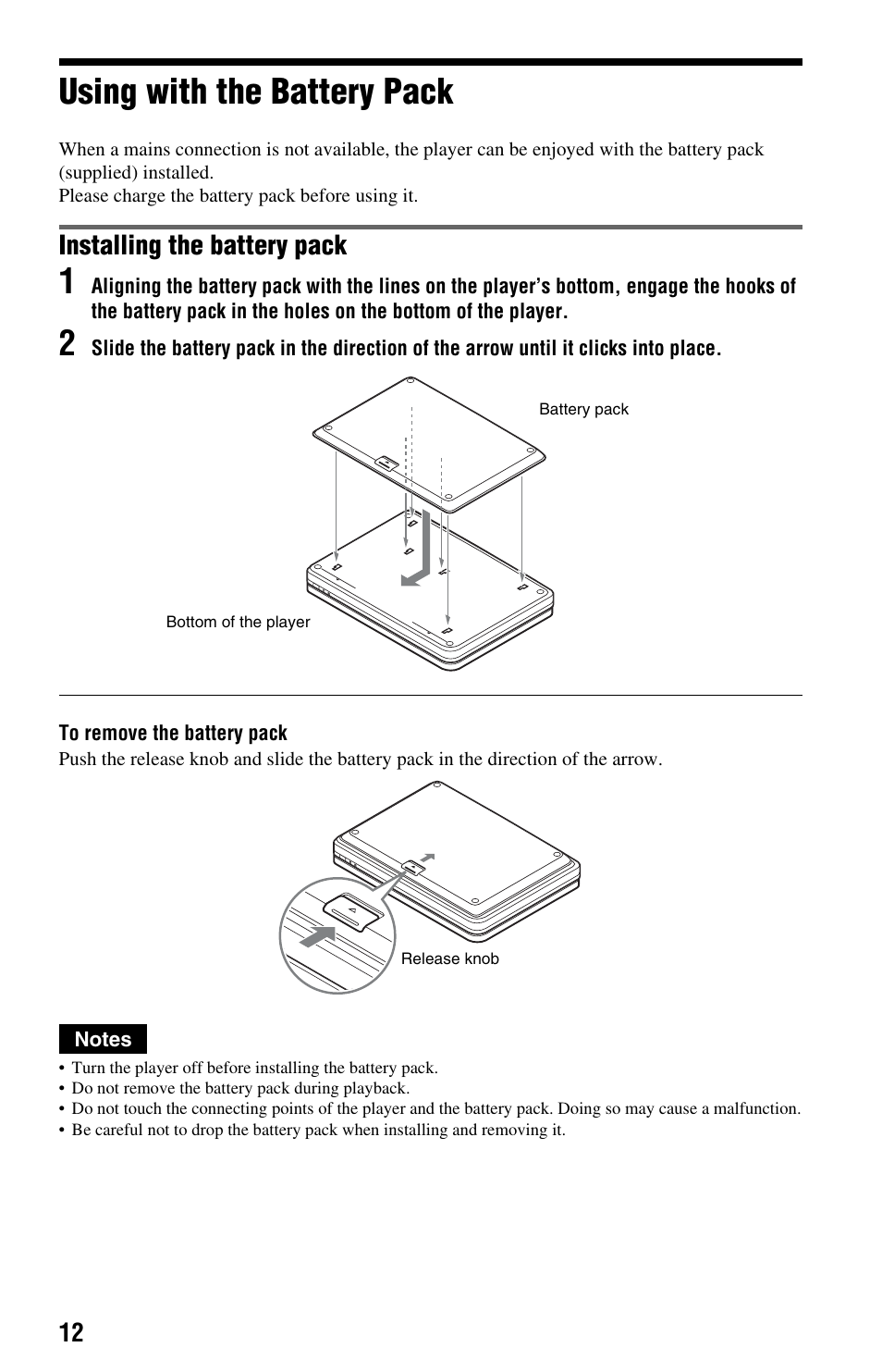 Using with the battery pack, Installing the battery pack | Sony DVP-FX875 User Manual | Page 12 / 52