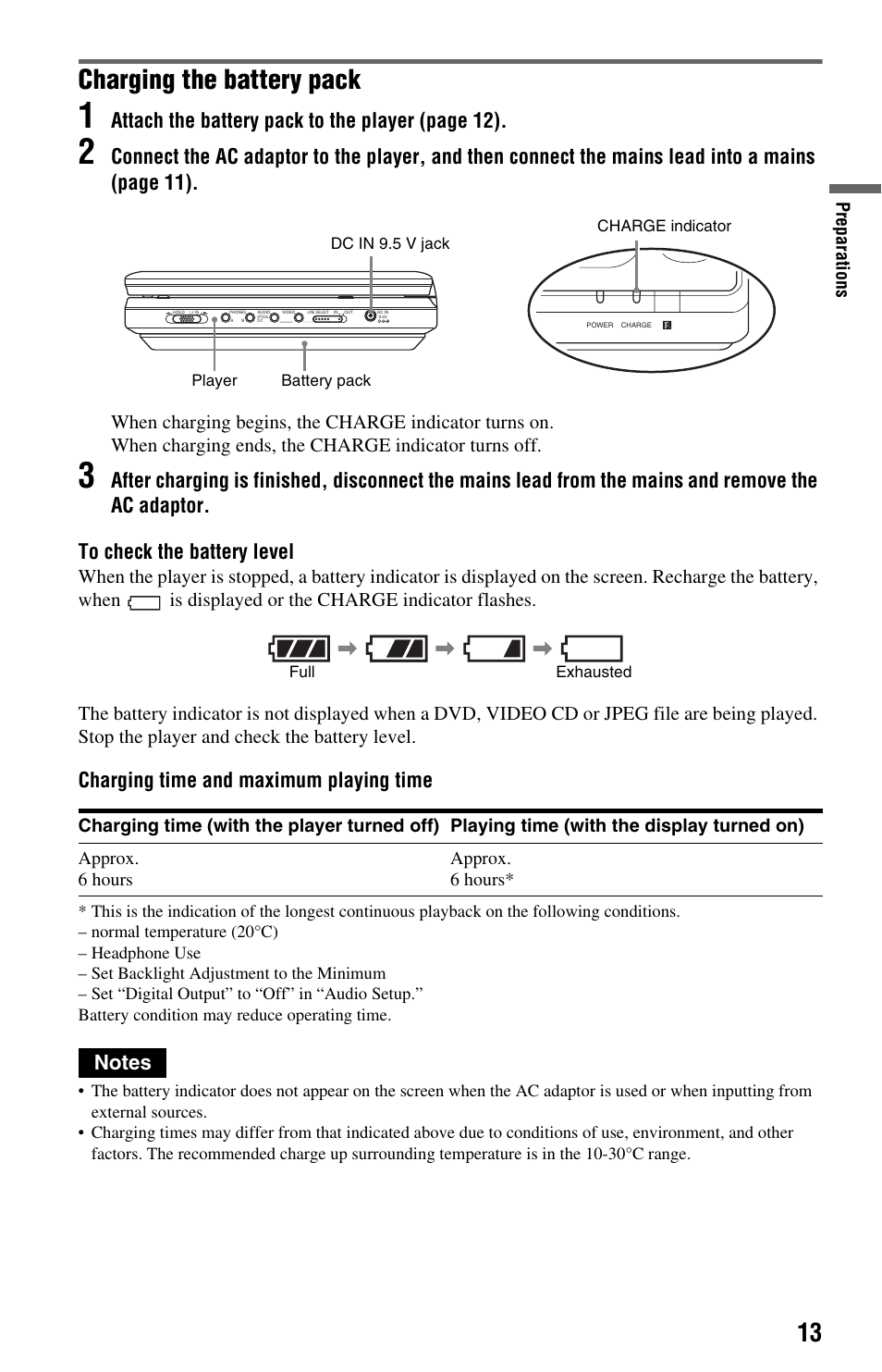 Charging the battery pack, Atta ch the battery pack to the player (page 12), Charging time and maximum playing time | Sony DVP-FX875 User Manual | Page 13 / 52