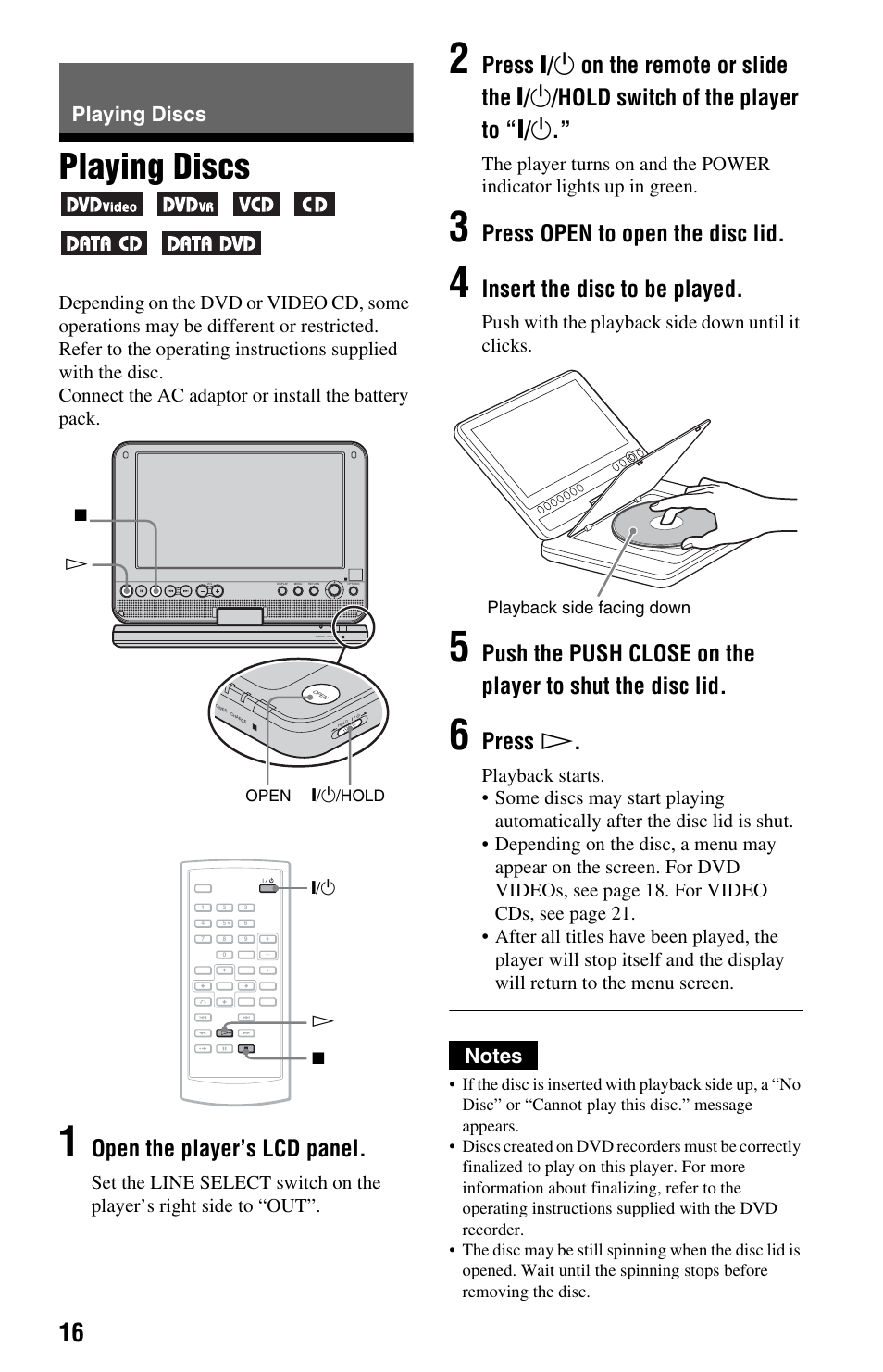 Playing discs, Open the player’s lcd panel, Press open to open the disc lid | Insert the disc to be played, Press h | Sony DVP-FX875 User Manual | Page 16 / 52