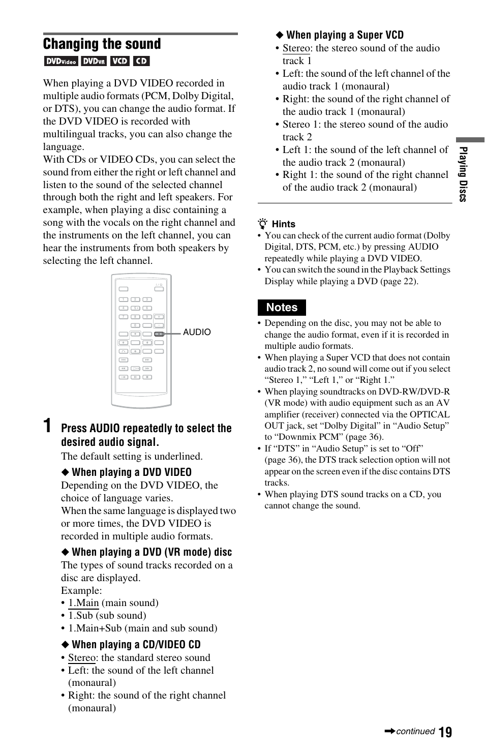Changing the sound, Press | Sony DVP-FX875 User Manual | Page 19 / 52